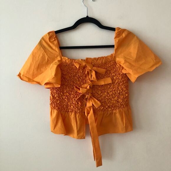 Anthro Mare Mare Smocked Bow-Tie Orange Blouse - Picture 4 of 6